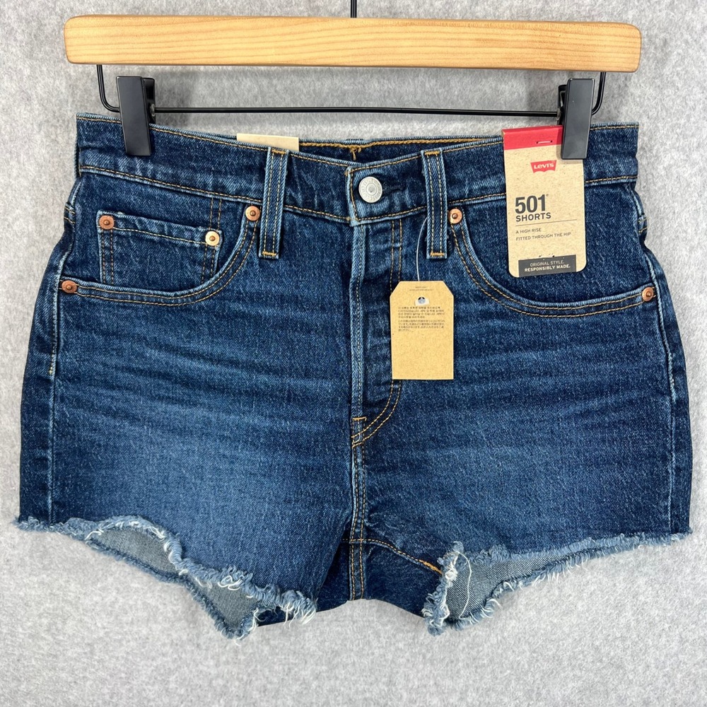 Levi 501 Shorts Women Size 27 Blue Denim‎ High Rise Cut Off NWT